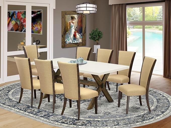 East West Furniture X727VE703-9 9 Piece Kitchen Table Set Includes a Rectangle Dining Table with X-Legs and 8 Brown Linen Fabric Parson Dining Room Chairs, 40x72 Inch, Multi-Color