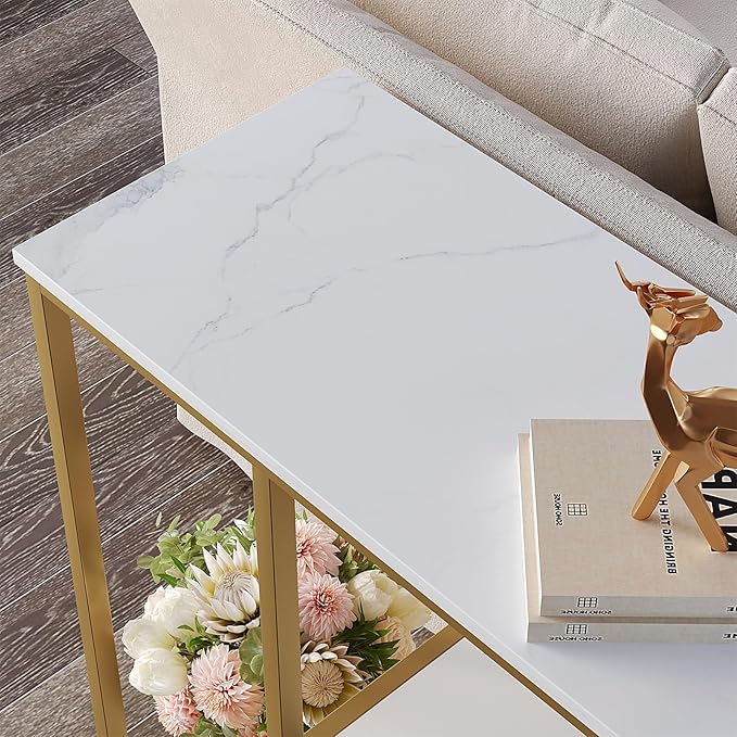 WOHOMO Console Table, Small Entryway Table with Storage Shelves 12'' Narrow Sofa Table Modern Hallway Table for Living Room 31.5" x12''x31.5'' White and Gold