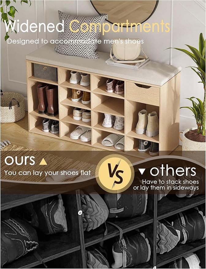 DINZI LVJ Shoe Bench, Entryway Storage Bench with Drawer and 15 Cubbies, Cubby Shoe Rack with Adjustable Shelves, Shoe Organizer Cabinet for Living Room, Bedroom, Mudroom, Closet and Garage, Natural