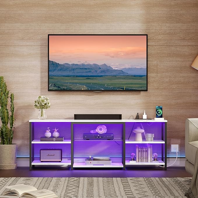 HOOBRO LED TV Stand for 65 Inch TVs with Charging Station, Gaming Entertainment Center with 3-Tier Open Storage, Long Media TV Console Table, TV Stand for Living Room, Bedroom, Marble White BM20UDDS01