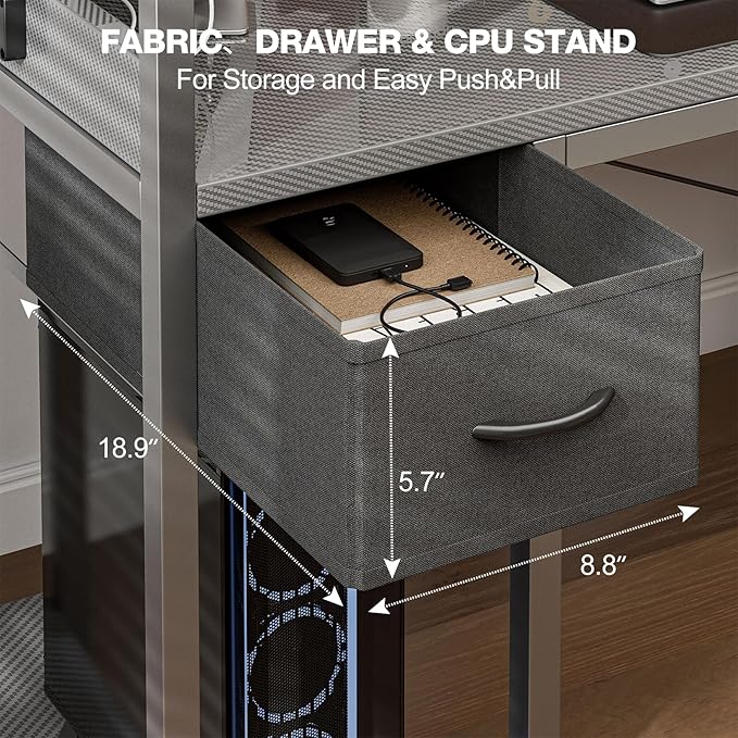 Gaming Desk 55 Inch with Power Outlet and LED Light, Computer Desk with Reversible Shelves and Storage Drawer, Pc Small Desk for Home Office Table with Bag, Carbon Fiber Grey