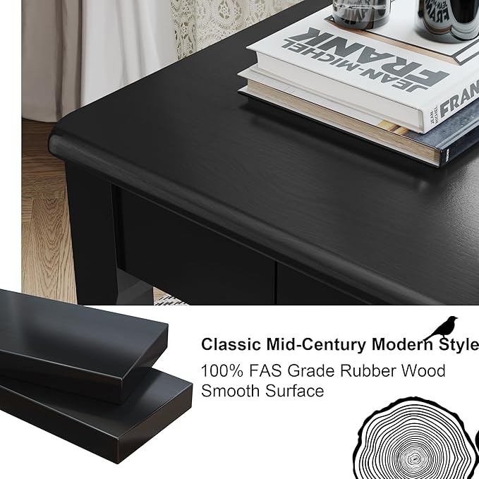 Solid Wood Desk with Drawers - 39 x 16 Inch Modern Narrow Desks, Rubber Wood Study Table, Small Writing Desk for Small Spaces|Bedroom - Black Desks