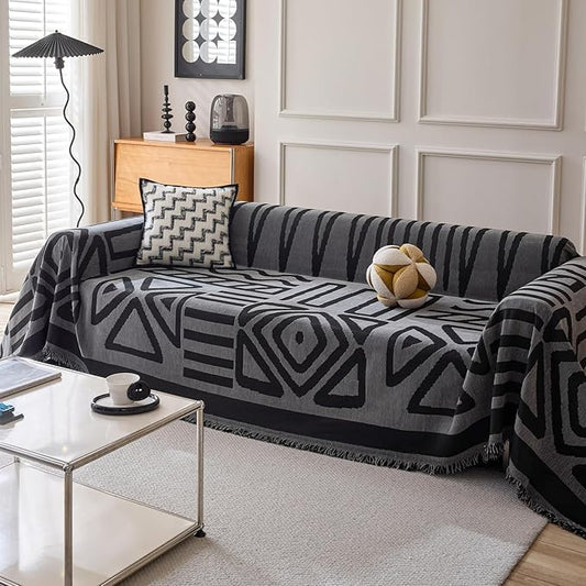 HANDONTIME Boho Geometric Couch Covers for Sofa Pet Friendly Dark Grey and Black Sofa Covers Washable Chenille Couch Blanket Cover for 2 Cushion Couches Pet Protector Furniture Cover Soft, 71" X 118"