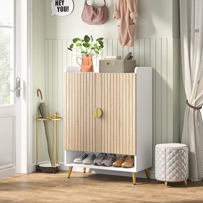Tribesigns Shoe Cabinet with Doors, 7-Tier Shoe Storage Cabinet with Adjustable Shelves, Wooden Shoes Rack Shoe Storage Organizer for Entryway, Hallway, Closet, Living Room, Wood and Gold