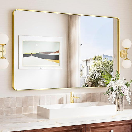 TokeShimi 48x30 Wall Mirror for Bathroom,Brushed Gold Bathroom Vanity Mirror Modern,Tempered Glass,Large Bathroom Mirror Rectangle,Metal Framed Bathroom Mirror(Horizontal/Vertical)