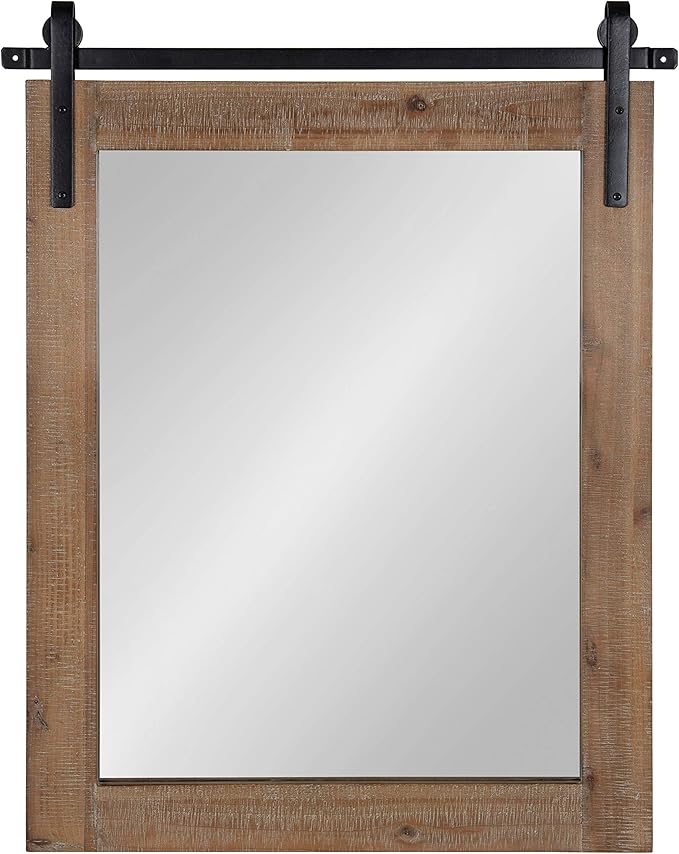 Kate and Laurel Cates Rustic Wall Mirror, 22" x 30" Rustic Brown, Farmhouse Barn Door-Inspired Wall Decor