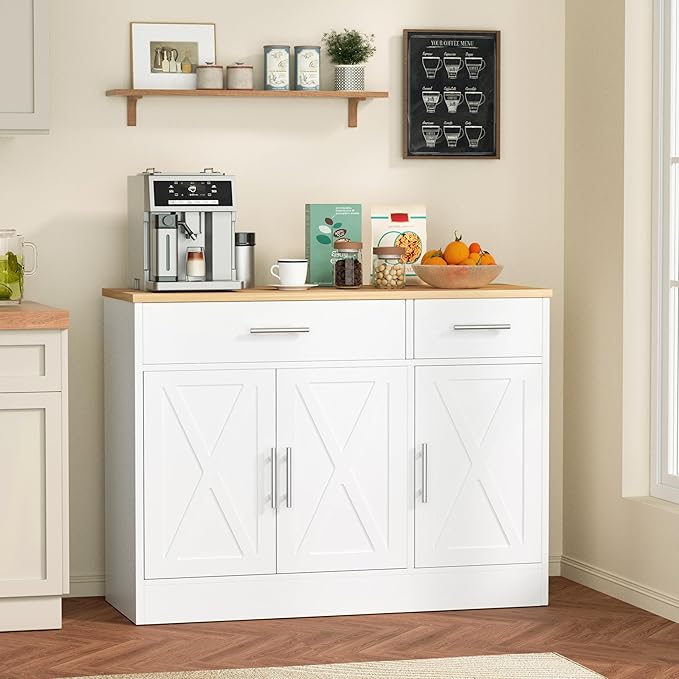 Shintenchi 3 Doors Farmhouse Sideboard Buffet Cabinet,42" Barn Doors Buffet Cabinet with Storage,Wood Coffee Bar Cabinet with Adjustable Shelf for Kitchen,Living Room,White
