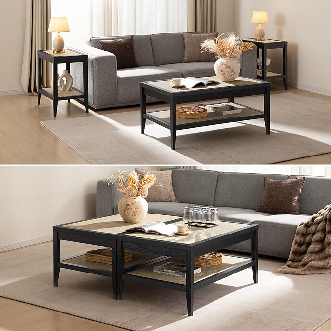 SICOTAS Rectangle Coffee Table for Living Room, Farmhouse Boho Center Table with 2-Tier Rattan Storage Shelves, Sofa Side Accent Table for Small Space, Black Oak