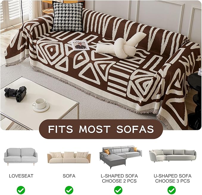 STACYPIK Soft Breathable Boho Chocolate Sofa Cover Stain Resistant Furniture Protector for 3 Cushion Couch Washable Sofa Cover for Dogs Cats Dark Khaki Reversible Sectional Covers for Sofa-91X118IN