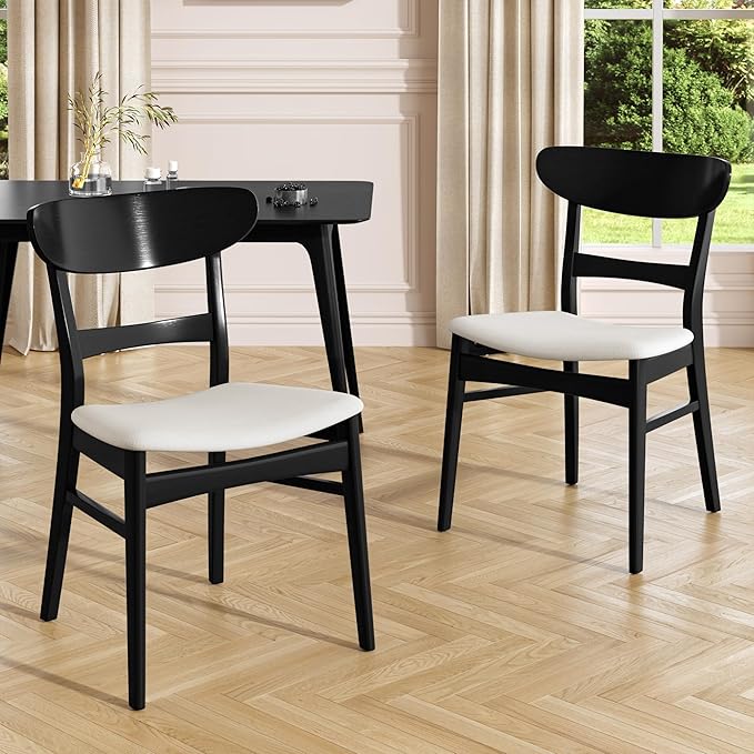Set of 2 Solid Wood Dining Chairs, Fabric Upholstered Seat Mid-Century Modern Kitchen Furniture for Living Room, Light Beige+Black