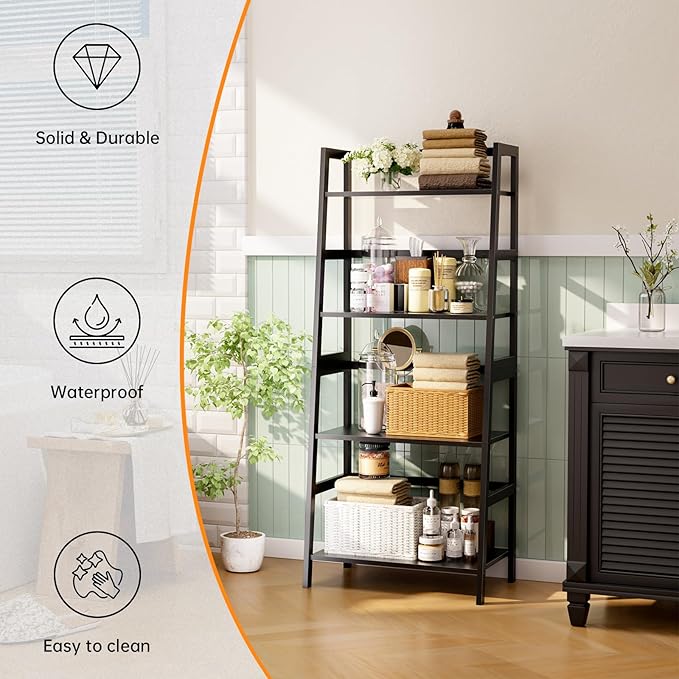 HITNET Ladder Shelf Black, 4-Tier Bookshelf, Freestanding Bathroom Storage Rack with Bamboo Frame, Plant Display Stand for Living Room, Kitchen, Home Office
