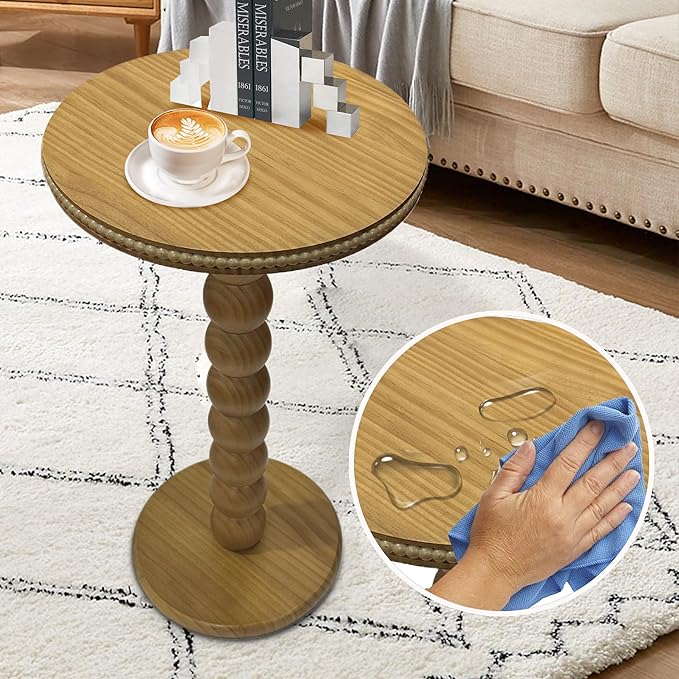 JUIOETURBoho Beaded Round Side Table - Handcrafted Small Accent Table for Small Spaces w/Solid Wood Leg - Drink Table for Living Room, Bedroom, Dorm, Office & Tight Corners (Nature)
