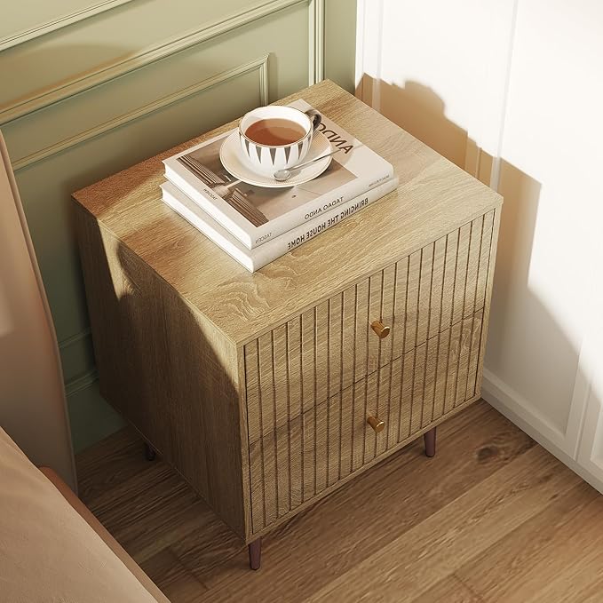 Wood Night Stand Set 2,Modern Bedside Table with Door and Open Storage Space,Fluted Nightstand and Wood End Side Table with Rose Gold Metal Legs and Handles for Bedroom,Living Room,Natural