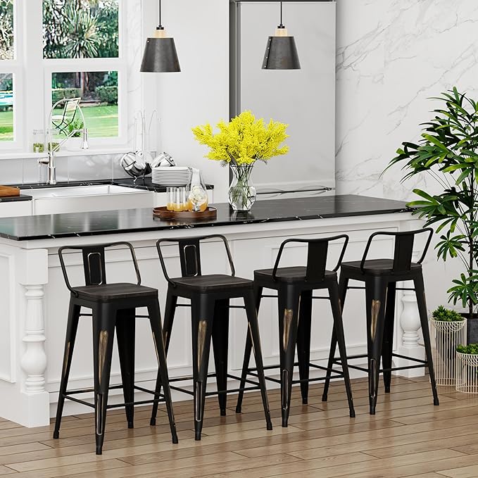 Yongchuang 24" Industrial Metal Barstools Set of 4 Counter Height Bar Stools with Back (24" Seat Height Wood Top Low Back, Distressed Gold)
