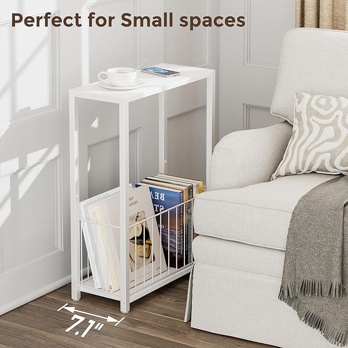 Narrow Side Table with Magazine Holder, Skinny End Table Perfect for Small Spaces, Space-Saving Design for Living Room, Bedroom, or Office, 7.1" D x 16.9" W x 23.6" H, White