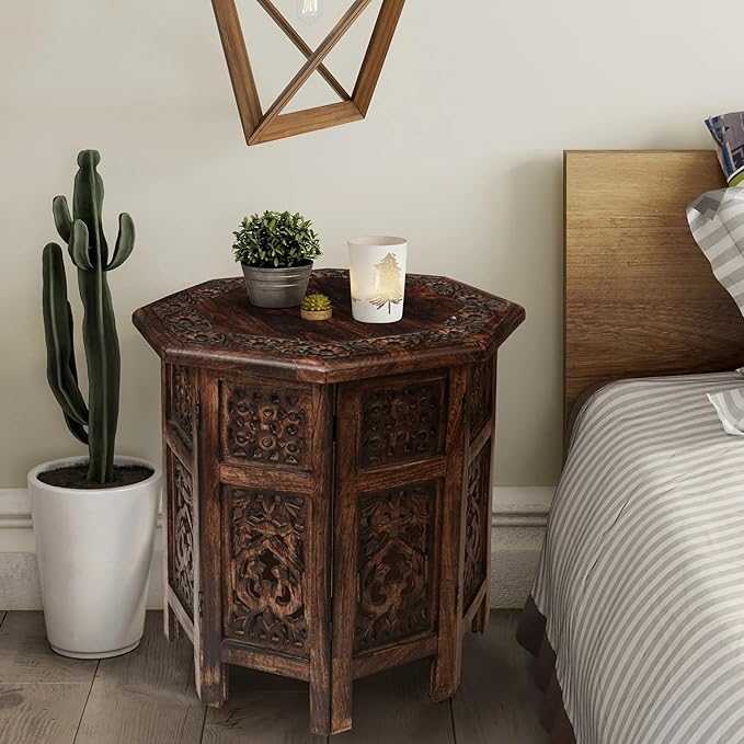 The Wooden Town End Tables for Living Room– Hand Carved Vintage Boho Folding Side Tables for Small Spaces, Entryway, Living Room, Bedroom – No Tools Assembly, 18"x18" Octagon, Scorch Burnt Finish