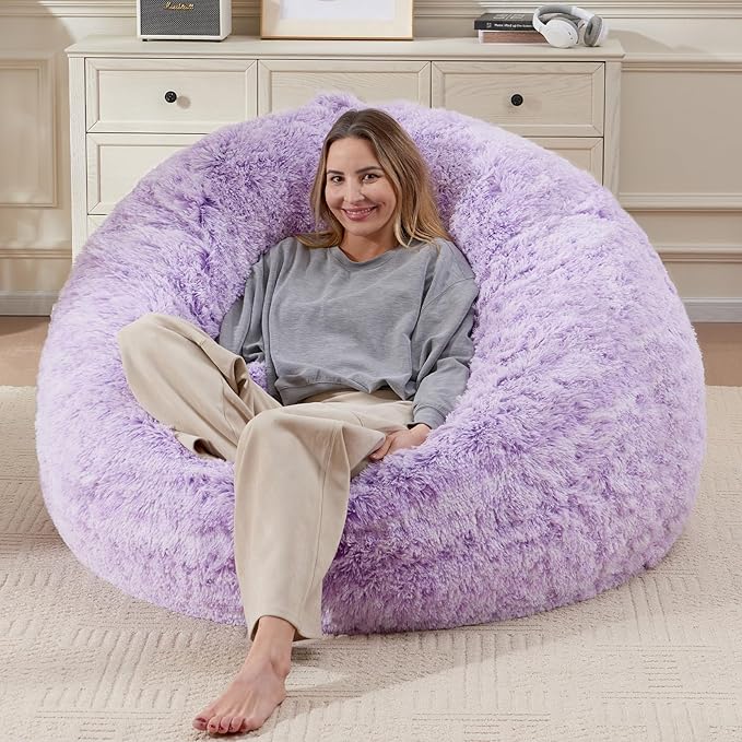 Huge Bean Bag Covers Only, Fluffy Stuffed Beanbag Chair Covers No Filler, Washable Bean Bags Cover for Adults, Stuffed Animal Bean Bag Anti-Slip, 6FT, Purple