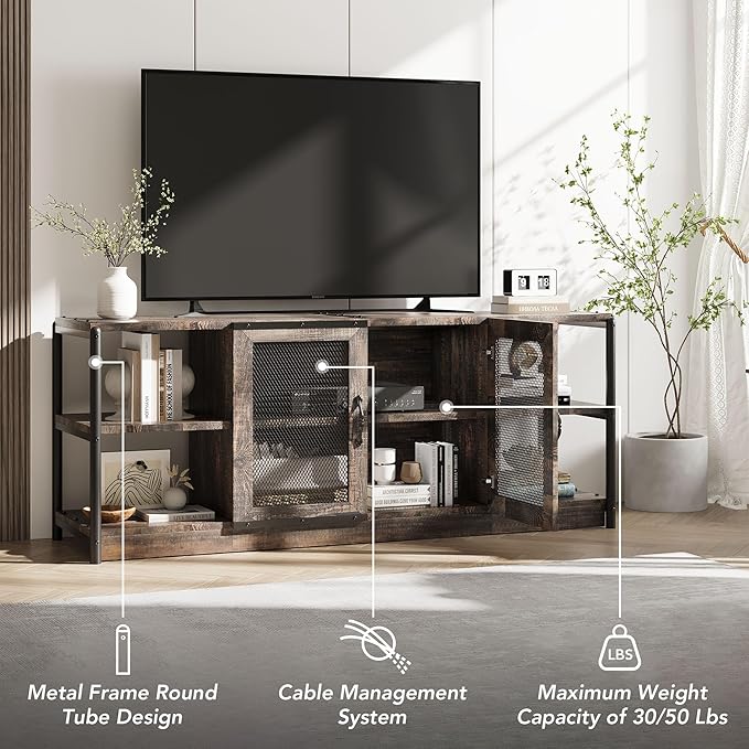 GarveeHome Farmhouse TV Stand for 65/75 inch TV, Entertainment Center with Storage Cabinet, Industrial TV Console Cabinet with Mesh Doors, 63" Rustic TV Media Console Table for Living Room, Oak