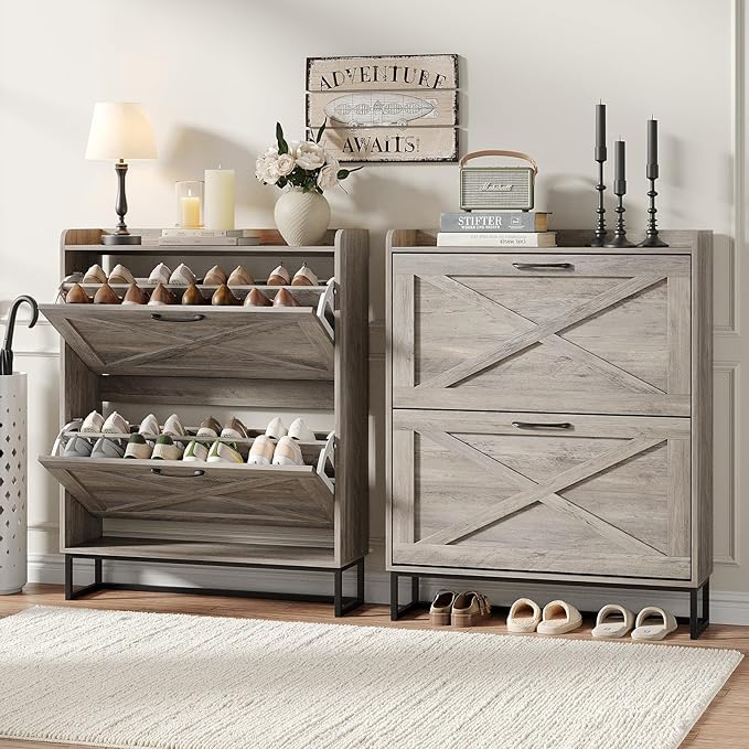 Maupvit Shoe Cabinet with 2 Flip Drawers, Freestanding Shoe Cabinet Organizer with Metal Legs, Shoes Storage Cabinet for Entryway, Narrow Shoe Rack Cabinet, Washed Gray