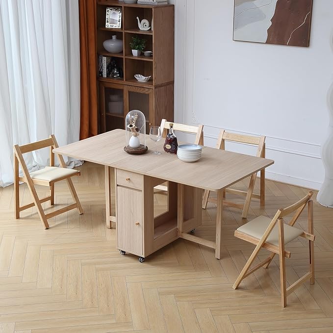 Wood Drop Leaf Folding Dining Table with 2 Drawers and 4 Wheels, Wood Padded Folding Chairs Set of 2, Space Saving Dining Table with 2 Chairs