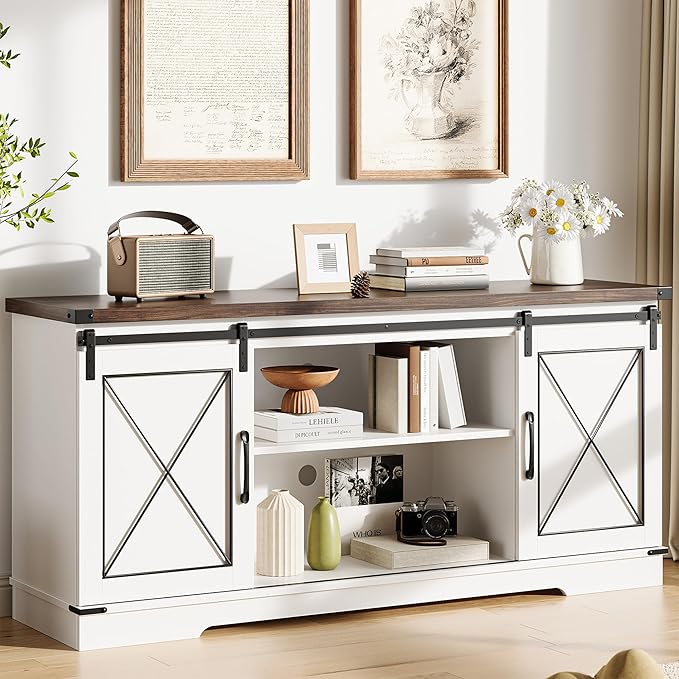 IDEALHOUSE Farmhouse TV Stand and Entertainment Center for Tv up to 65 inches with Sliding Barn Doors, Tv Media Console Table with Storage Cabinet for Living Room, White & Brown