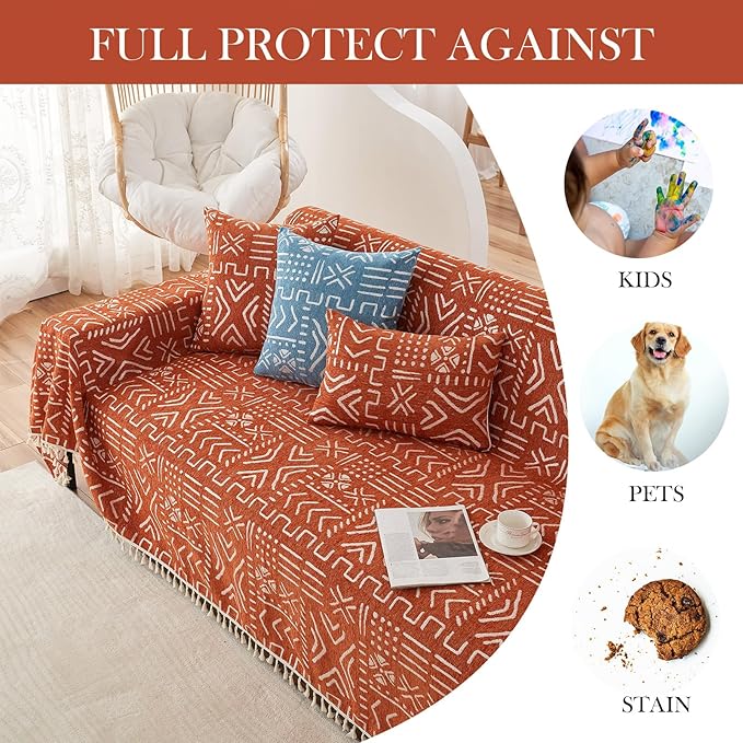 HANDONTIME Boho Aztec Sofa Slipcovers for Sofa/Couch Farmhouse Geometric Couch Protector for Dogs with Tassel Brick Orange Dog Couch Cover Sectional Sofa Cover Bohemian Decor for Sofa, 71" X118"