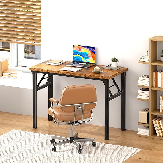 SDHYL 31.5 inches Foldable Computer Desk for Home Office Workstation, Small Portable Collapsible Study and Writing Table with Metal Frame, Rustic Brown
