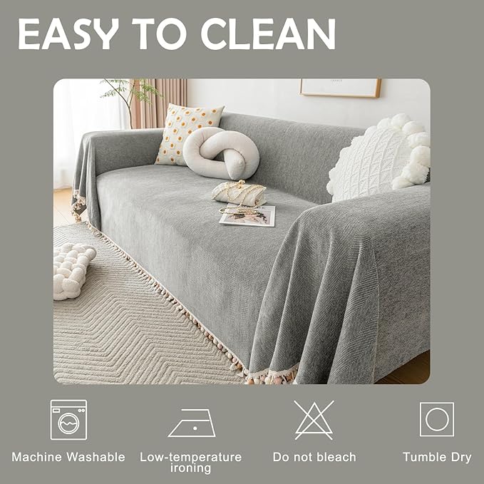 HANDONTIME Couch Slipcovers for Sofas - Dark Grey Boho Pet Couch Protector with Tassel - Chenille Herringbone 3 Seat Cover, 91" X150