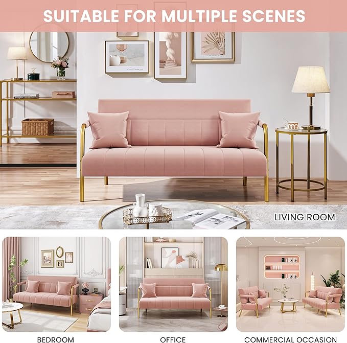 Yaheetech 56.5" W Modern Sofa Small Sofa Luxurious Velvet Fabric Couch with Gold-Tone Metal Arms and Legs for Living Room, Home Office, Studio Pink