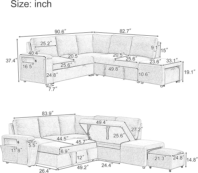 Merax L-Shaped Modular Sectional Sofa with Removable Storage Ottoman, USB Ports and Cup Holder, 6-Seats Upholstered Couch & Armrest, Free Combination Indoor Furniture for Living Room, Apartments, Blue