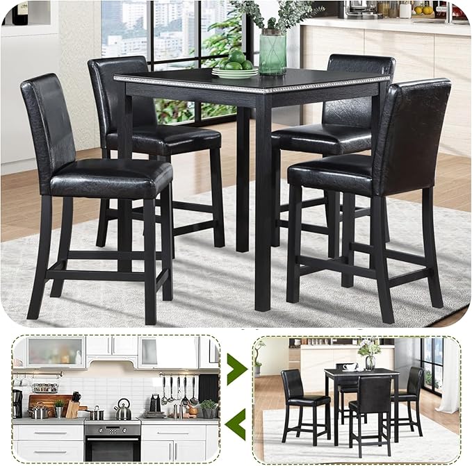 Counter Height Square Dining Table Set with 4 Upholstered Chairs - Easy to Assemble, Black