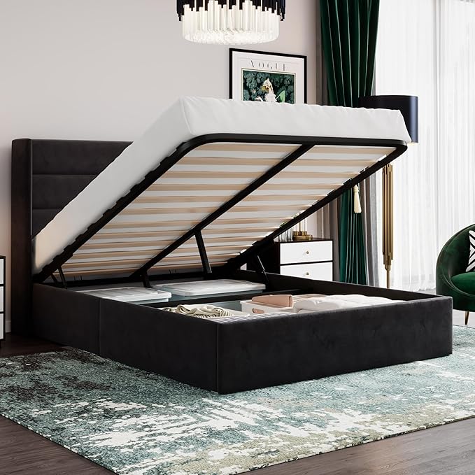 SHA CERLIN Queen Size Lift Up Storage Bed/Velvet Upholstered/Modern Wingback Headboard/Upholstered Platform Bed Frame/Hydraulic Storage/No Box Spring Needed/Black