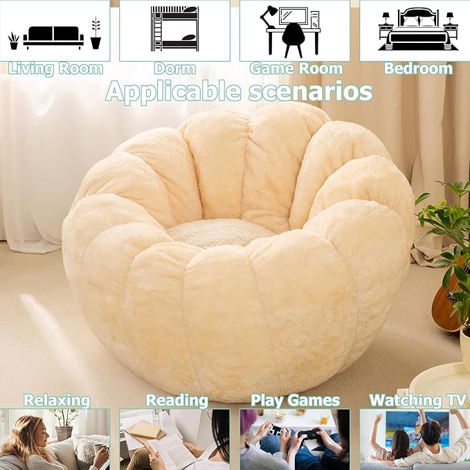 Pumpkin Bean Bag Sofa Chair for Adult, Beanbag Couch with Filler for Reading and Relaxation, Comfy and Lazy Sofa for Dorm, Apartment, Living Room and Bedroom, Ivory