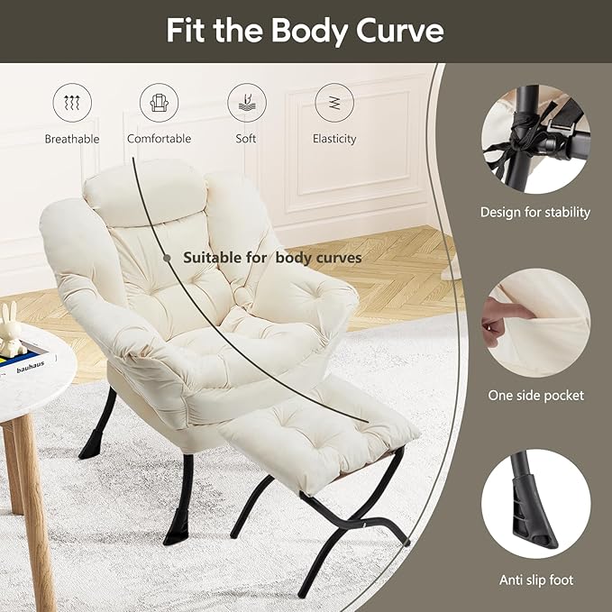 Lazy Chair with Folding Ottoman Modern Large Accent Chair,Contemporary Lounge Leisure Sofa Chair with Armrests Upholstered Sofa Armchair Reading Chair for Bedroom,Dorm & Office (Beige-f)