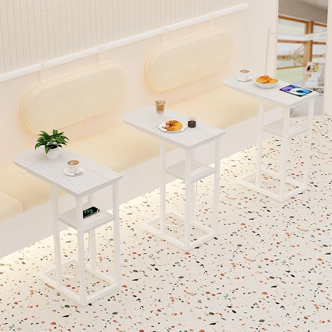 C Table End Table with Charging Station, Couch C Shaped Side Table for Living Room, Bedroom, Laptop Table with USB Ports and Type-C Port, Snack Tray Table for Couch