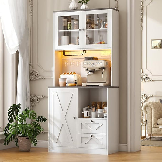 71" Tall Coffee Bar Cabinet with Storage Hutch, Farmhouse Kitchen Pantry Cabinet with LED Lights Microwave Stand and Glass Holder for Home Dining Room Kitchen,White