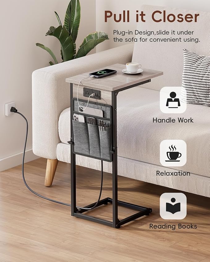 VAGUSICC C Shaped End Table with Charging Station, Adjustable Height Side Table for Couch Recliner, Small Sofa Table with Storage Bag, Slide Under Sofa TV Tray Arm Table for Living Room, Bedroom, Gray