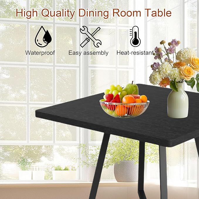Square Dining Table for 4, 31.5-Inch Farmhouse Dinner Table Wooden Kitchen Tables with Metal Base for Dining Room, Kitchen, Living Room, Black