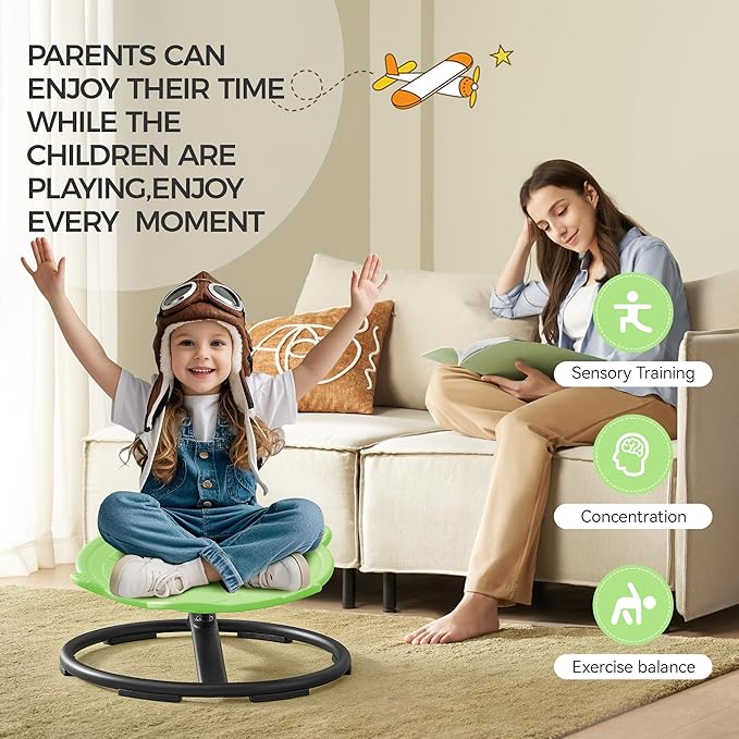 Swivel Chair for Kids, 360° Spinning Seat, Toddler Sit and Spin Wobble Chair, Sensory Balance Toys, Autism ADHD Chairs, Play Equipment Relief Motion Sickness for Boys Girls (Green)