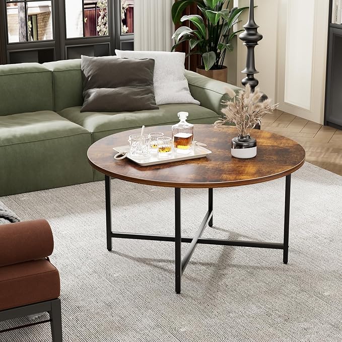 Round Coffee Table, 31.5" Circle Coffee Table，Modern Round Coffee Tables Living Room, Large Coffee Table Round for Indoor & Outdoor Use, Office, Patio or Garden, Rustic Brown (31.5" D*17.7" H)