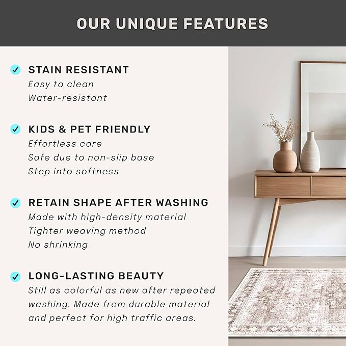 Washable Neutral Farmhouse Large Entryway Rug, 3x6 Area Rugs for Kitchen, Bedroom Beside Bed, Nursery Room, Boho Vintage Floral Non-Slip Throw Rug Low Pile Stain Resistant (3x6 Beige/Latte)