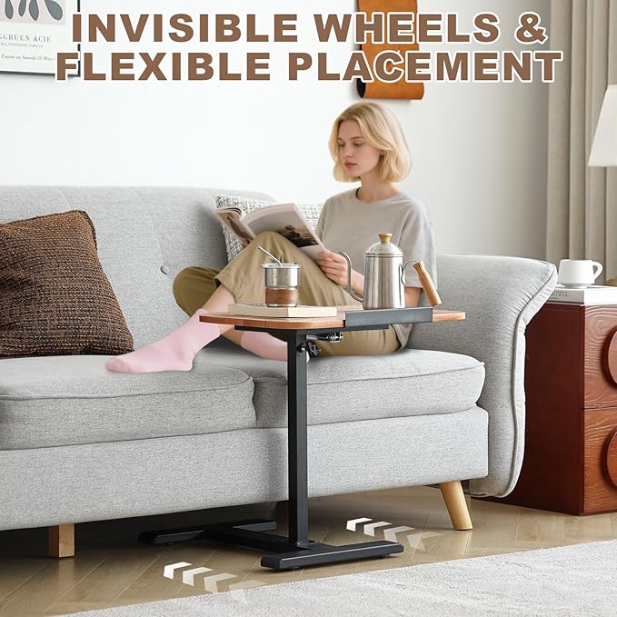 Solid Wood C-Shaped Side Table,360° Rotating TV Tray Table,Height-Adjustable,Sliding Sofa Table,Rolling Laptop Desk for Living Room and Bedroom Use with Sofa,Bed,Chair-Light Brown