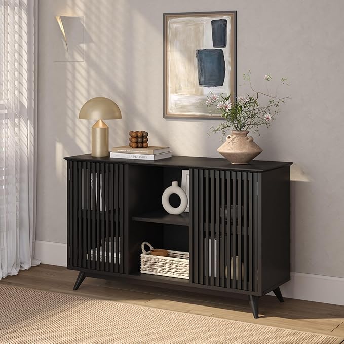 Plank+Beam Mid-Century Modern Wood TV Stand, Solid Wood Entertainment Console with Storage, 49" L x 16" W x 30" H, Black