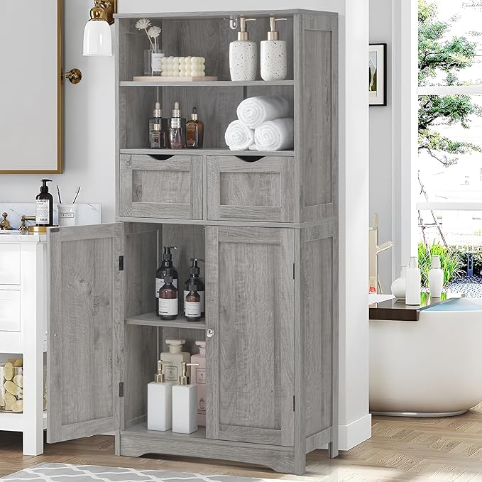 Iwell Tall Storage Cabinet with 2 Drawers & Adjustable Shelf, Bathroom Cabinet with Doors, Cupboard, Kitchen Cabinets for Living Room, Dining Room, Entryway, Grey