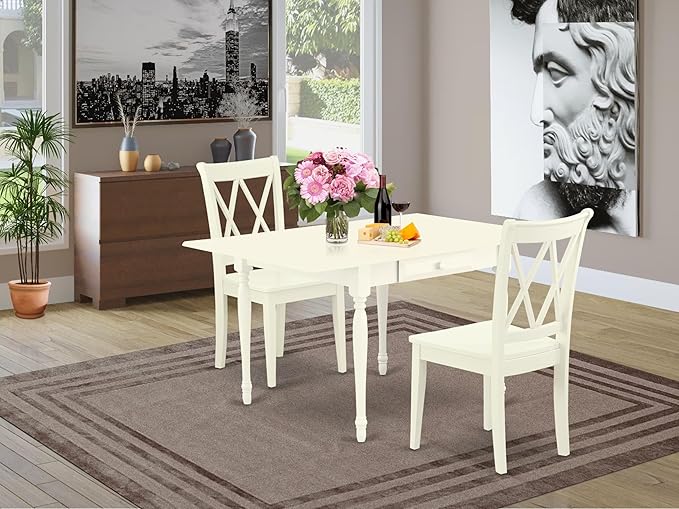 East West Furniture MZCL3-LWH-W 3 Piece Dinette Set for Small Spaces Contains a Rectangle Dining Table with Dropleaf and 2 Dining Chairs, 36x54 Inch, Linen White