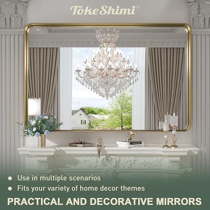 TokeShimi 48x36 Inch Brushed Gold Bathroom Vanity Mirror for Wall with Non-Rusting Aluminum Alloy Metal Frame Rounded Corner for Farmhouse Modern Home Decor (Horizontal/Vertical)