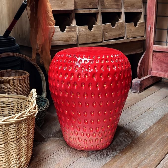 18" Red Strawberry Stool Statue Fruit-Inspired Side Table Indoor Outdoor Accent Seat Plant Stand MGO Garden Stool for Patio Balcony or Living Room Decor
