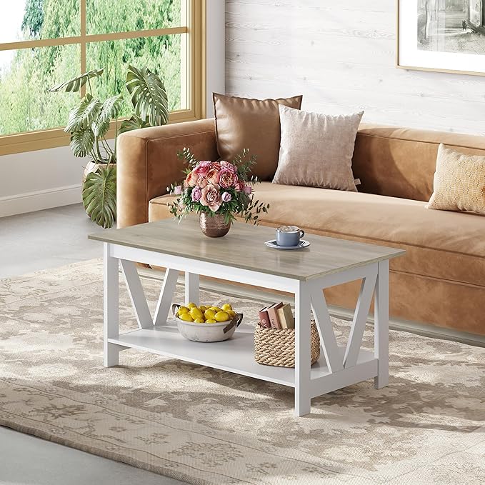 WLIVE Coffee Table with Storage Shelf, 39.4" Farmhouse Coffee Table with V-Frame Support, 2-Tier Wood Rustic Center Table for Living Room, Bedroom & Balcony, Greige & White