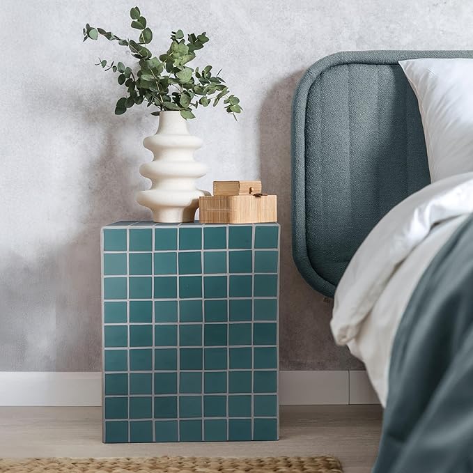 JONATHAN Y END2000A Callista 18" Modern Bohemian Ceramic Tiled Rectangle End Table, Side Table, Accent Table for Living Room, Bedroom, Teal Blue/White