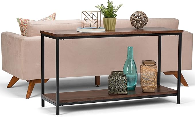 SIMPLIHOME Skyler Console Table - 54 Inch Wide Solid Mango Wood and Metal Sofa Table in Dark Cognac Brown, Industrial Entryway Table for Living Room with Open Bottom Shelf and Black Steel Frame